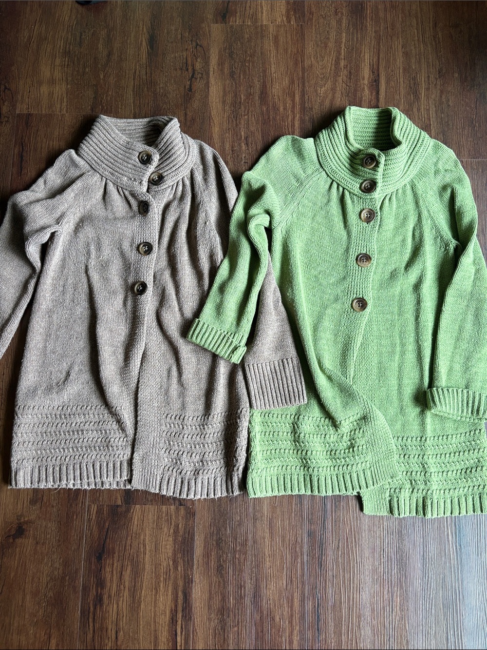 Two Old Navy Button-Front Ribbed Collar Long Cardigans - Green and Brown